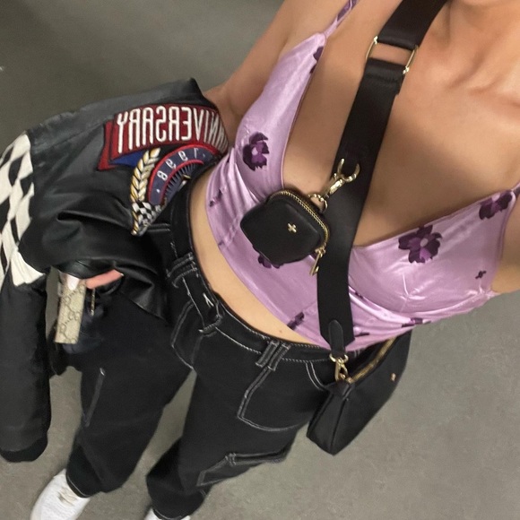 Purple satin floral print top - Picture 2 of 2